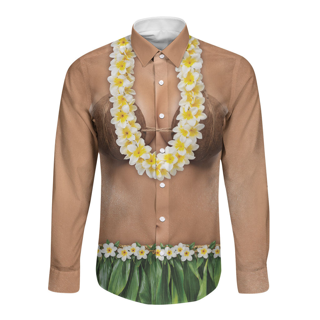 Hawaii Bikini Hula Costume Long Sleeve Button Shirt Coconut Bra Plumeria Flower Lei Grass Skirt