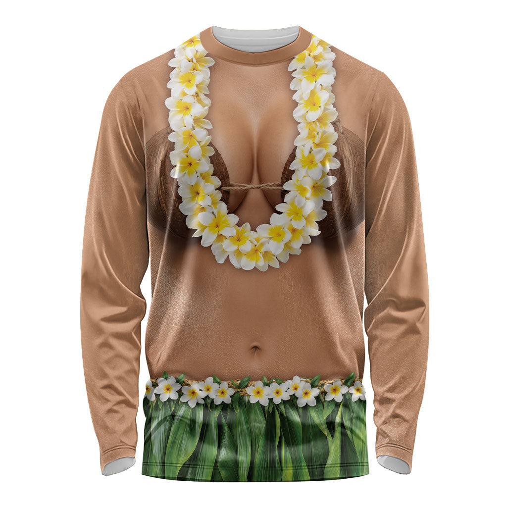 Hawaii Bikini Hula Costume Long Sleeve Shirt Coconut Bra Plumeria Flower Lei Grass Skirt