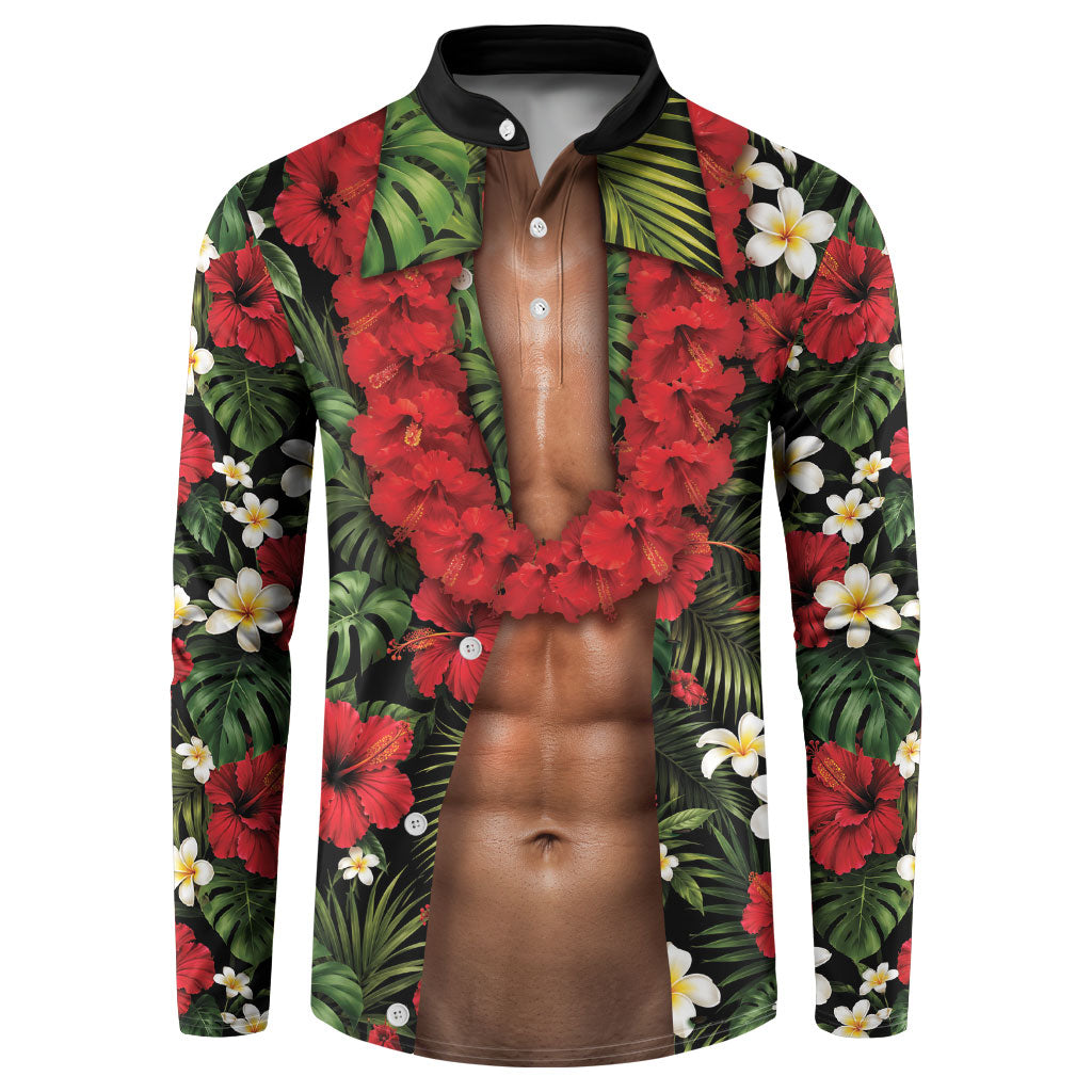 Hawaiian Floral Muscle Abs Button Sweatshirt Six Pack Hibiscus Flower Lei Luau DT05 Black - Polynesian Pride