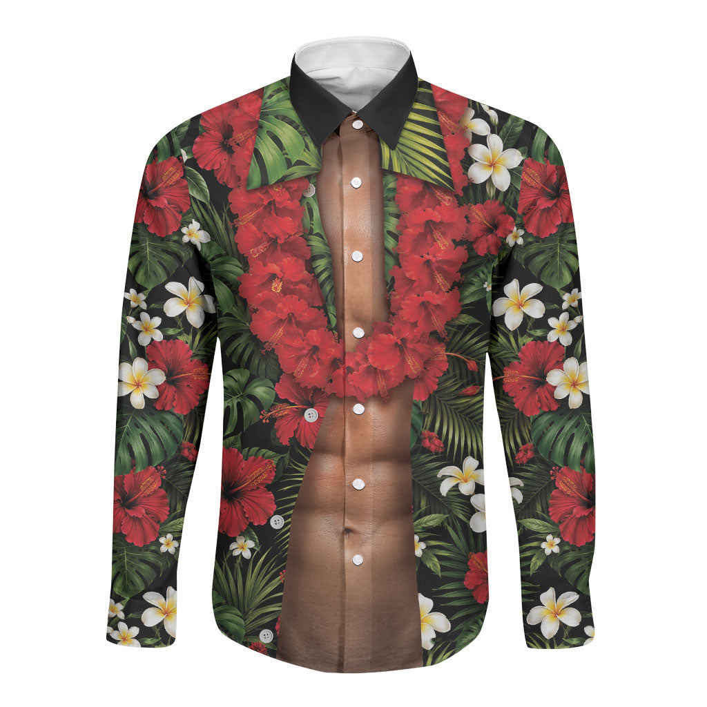 Hawaiian Floral Muscle Abs Long Sleeve Button Shirt Six Pack Hibiscus Flower Lei Luau DT05 Unisex Black - Polynesian Pride