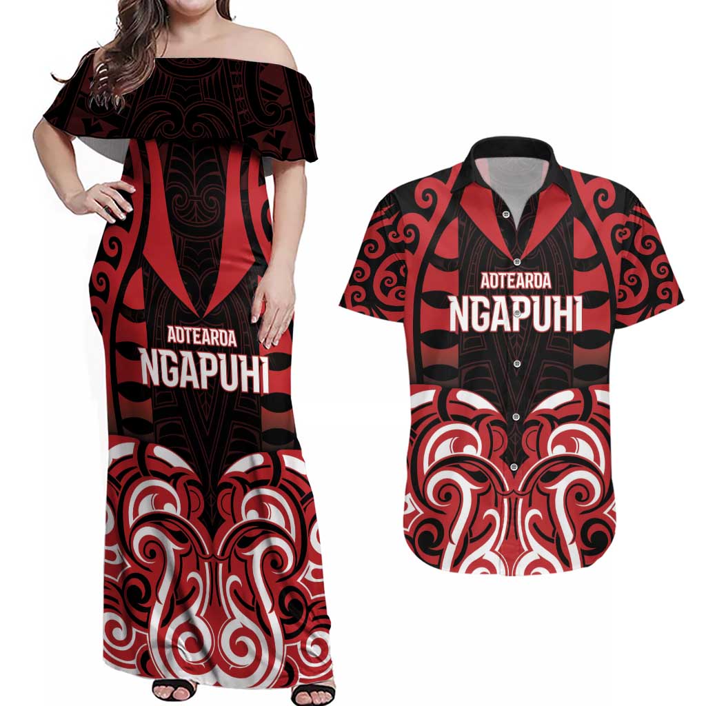 Custom Aotearoa Ngapuhi Couples Matching Off Shoulder Maxi Dress and Hawaiian Shirt Maori Pattern New Zealand DT05 Red - Polynesian Pride