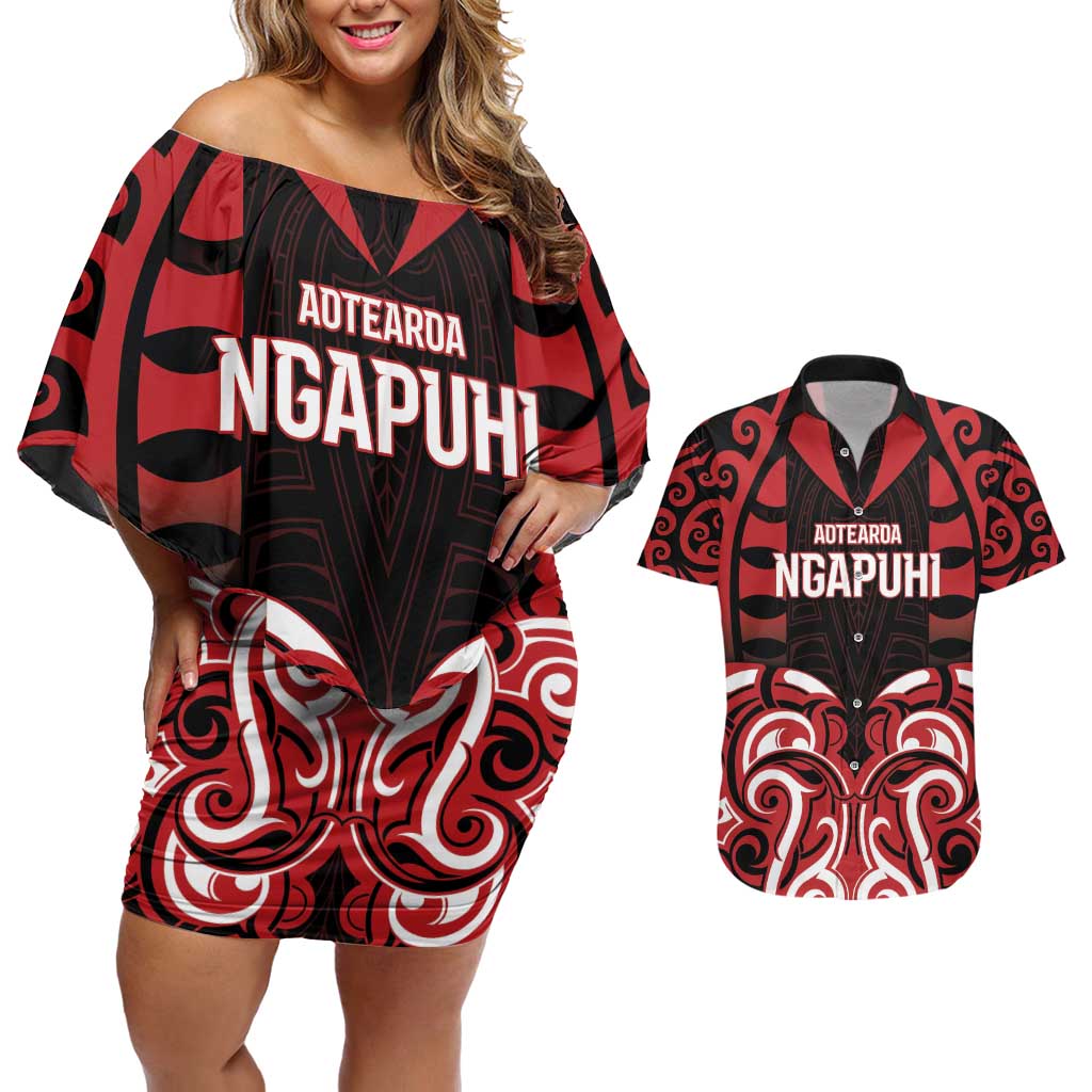 Custom Aotearoa Ngapuhi Couples Matching Off Shoulder Short Dress and Hawaiian Shirt Maori Pattern New Zealand DT05 Red - Polynesian Pride