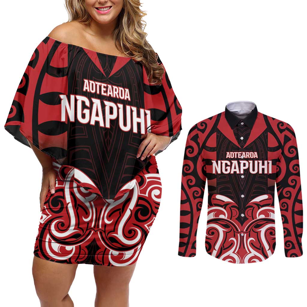 Custom Aotearoa Ngapuhi Couples Matching Off Shoulder Short Dress and Long Sleeve Button Shirt Maori Pattern New Zealand DT05 Red - Polynesian Pride
