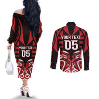 Custom Aotearoa Ngapuhi Couples Matching Off The Shoulder Long Sleeve Dress and Long Sleeve Button Shirt Maori Pattern New Zealand DT05 - Polynesian Pride