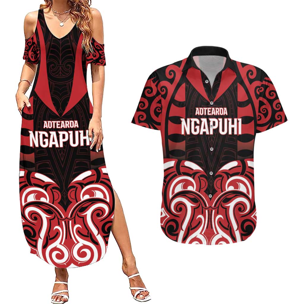 Custom Aotearoa Ngapuhi Couples Matching Summer Maxi Dress and Hawaiian Shirt Maori Pattern New Zealand DT05 Red - Polynesian Pride