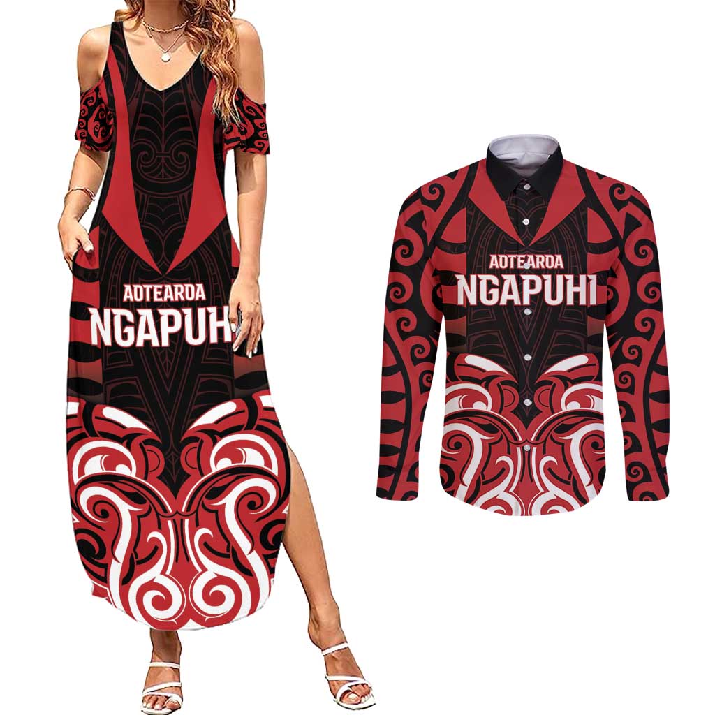 Custom Aotearoa Ngapuhi Couples Matching Summer Maxi Dress and Long Sleeve Button Shirt Maori Pattern New Zealand DT05 Red - Polynesian Pride