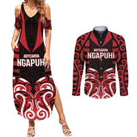 Custom Aotearoa Ngapuhi Couples Matching Summer Maxi Dress and Long Sleeve Button Shirt Maori Pattern New Zealand DT05 Red - Polynesian Pride