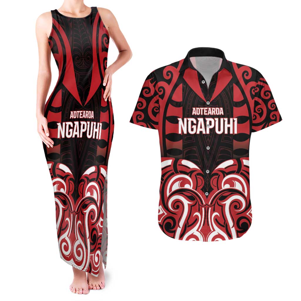 Custom Aotearoa Ngapuhi Couples Matching Tank Maxi Dress and Hawaiian Shirt Maori Pattern New Zealand DT05 Red - Polynesian Pride