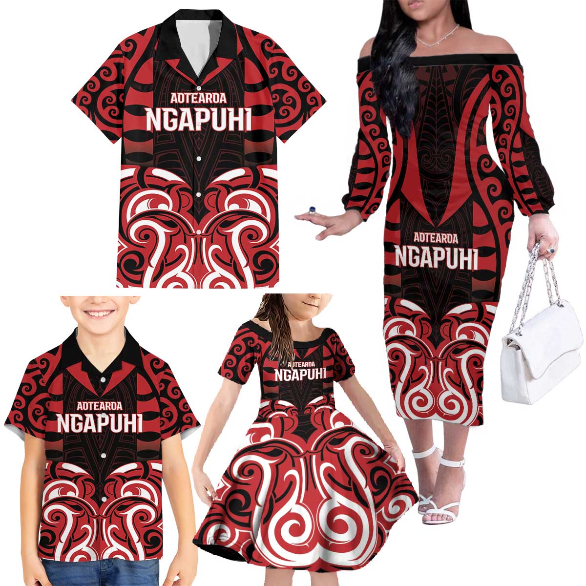 Custom Aotearoa Ngapuhi Family Matching Off The Shoulder Long Sleeve Dress and Hawaiian Shirt Maori Pattern New Zealand - Polynesian Pride