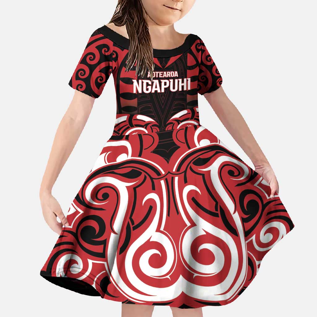 Custom Aotearoa Ngapuhi Family Matching Short Sleeve Bodycon Dress and Hawaiian Shirt Maori Pattern New Zealand DT05 Daughter's Dress Red - Polynesian Pride