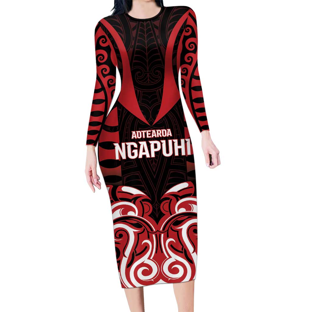 Custom Aotearoa Ngapuhi Long Sleeve Bodycon Dress Maori Pattern New Zealand - Polynesian Pride