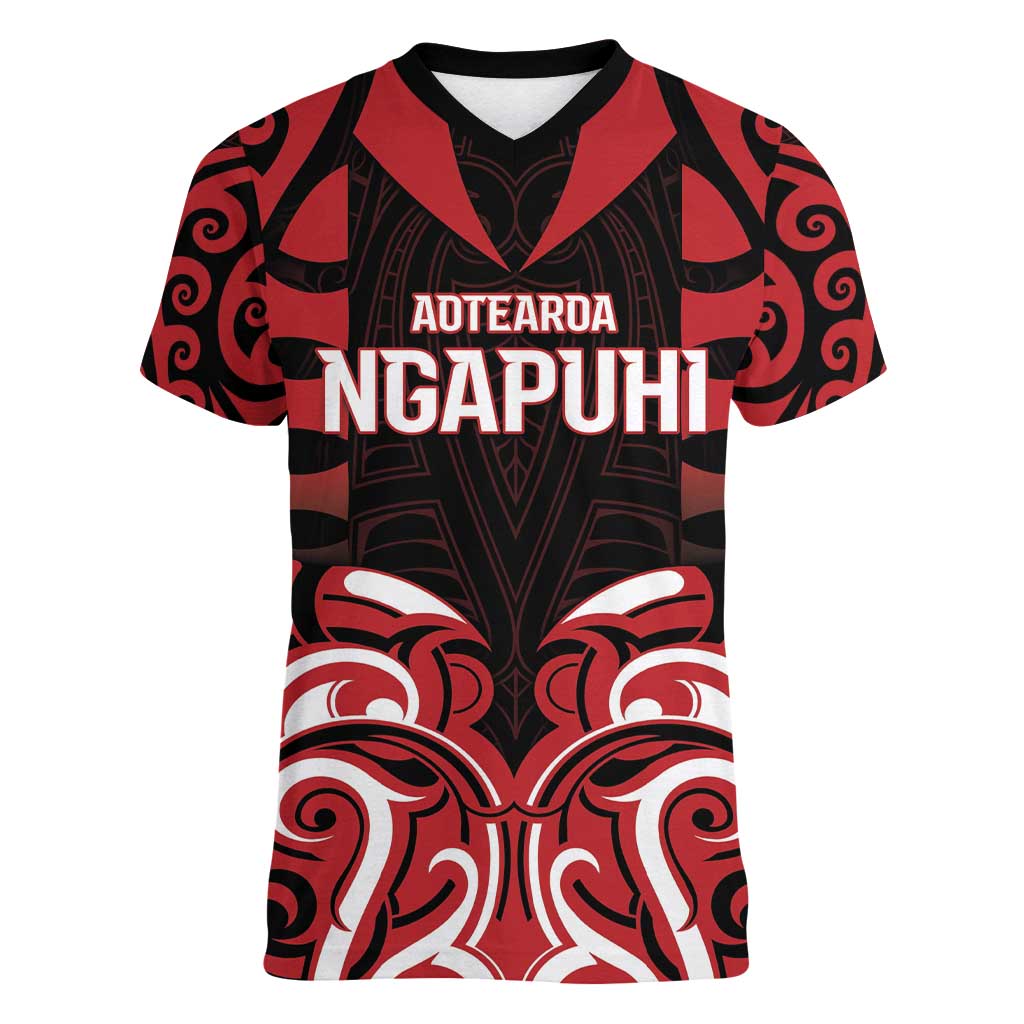 Custom Aotearoa Ngapuhi Women V-Neck T-Shirt Maori Pattern New Zealand DT05 Female Red - Polynesian Pride