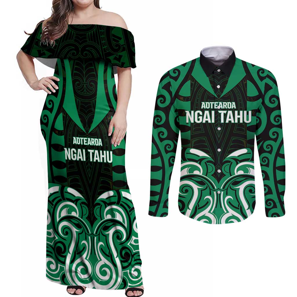 Custom Aotearoa Ngai Tahu Couples Matching Off Shoulder Maxi Dress and Long Sleeve Button Shirt Maori Pattern New Zealand DT05 Green - Polynesian Pride