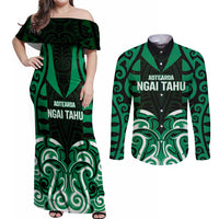 Custom Aotearoa Ngai Tahu Couples Matching Off Shoulder Maxi Dress and Long Sleeve Button Shirt Maori Pattern New Zealand DT05 Green - Polynesian Pride