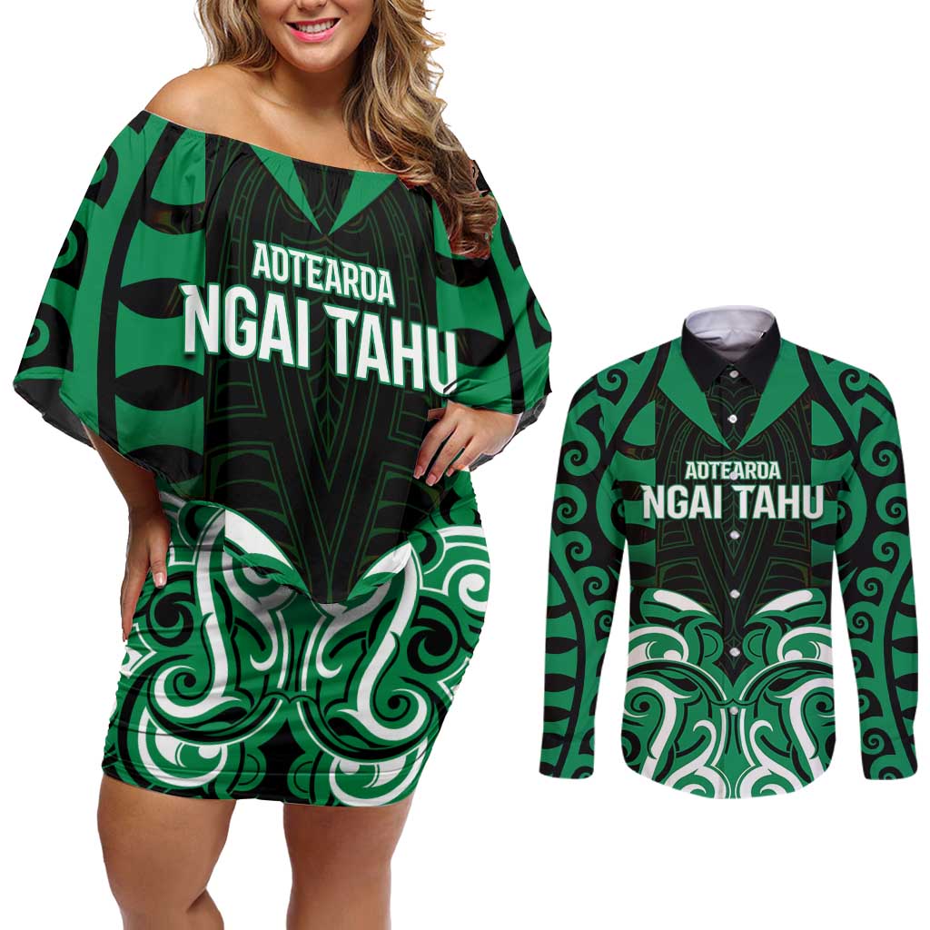 Custom Aotearoa Ngai Tahu Couples Matching Off Shoulder Short Dress and Long Sleeve Button Shirt Maori Pattern New Zealand DT05 Green - Polynesian Pride