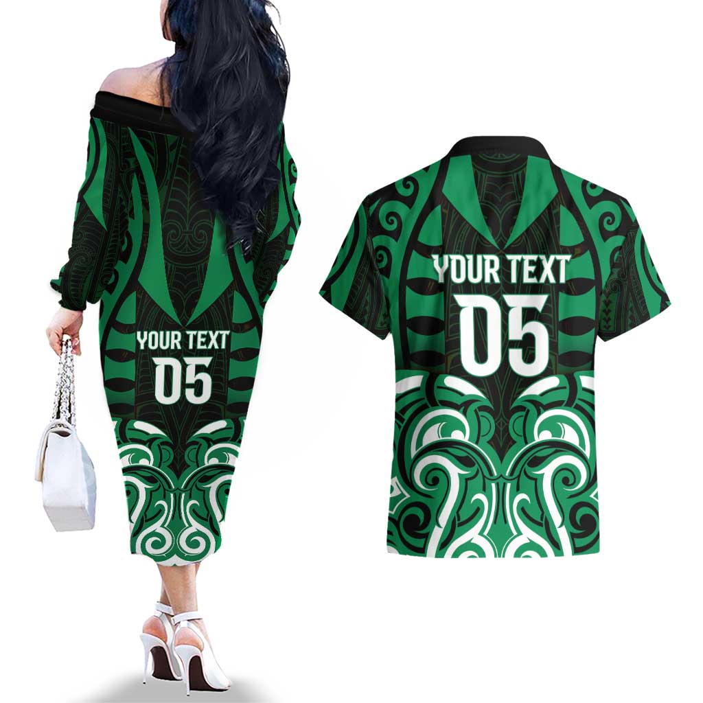 Custom Aotearoa Ngai Tahu Couples Matching Off The Shoulder Long Sleeve Dress and Hawaiian Shirt Maori Pattern New Zealand - Polynesian Pride