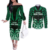 Custom Aotearoa Ngai Tahu Couples Matching Off The Shoulder Long Sleeve Dress and Long Sleeve Button Shirt Maori Pattern New Zealand DT05 Green - Polynesian Pride
