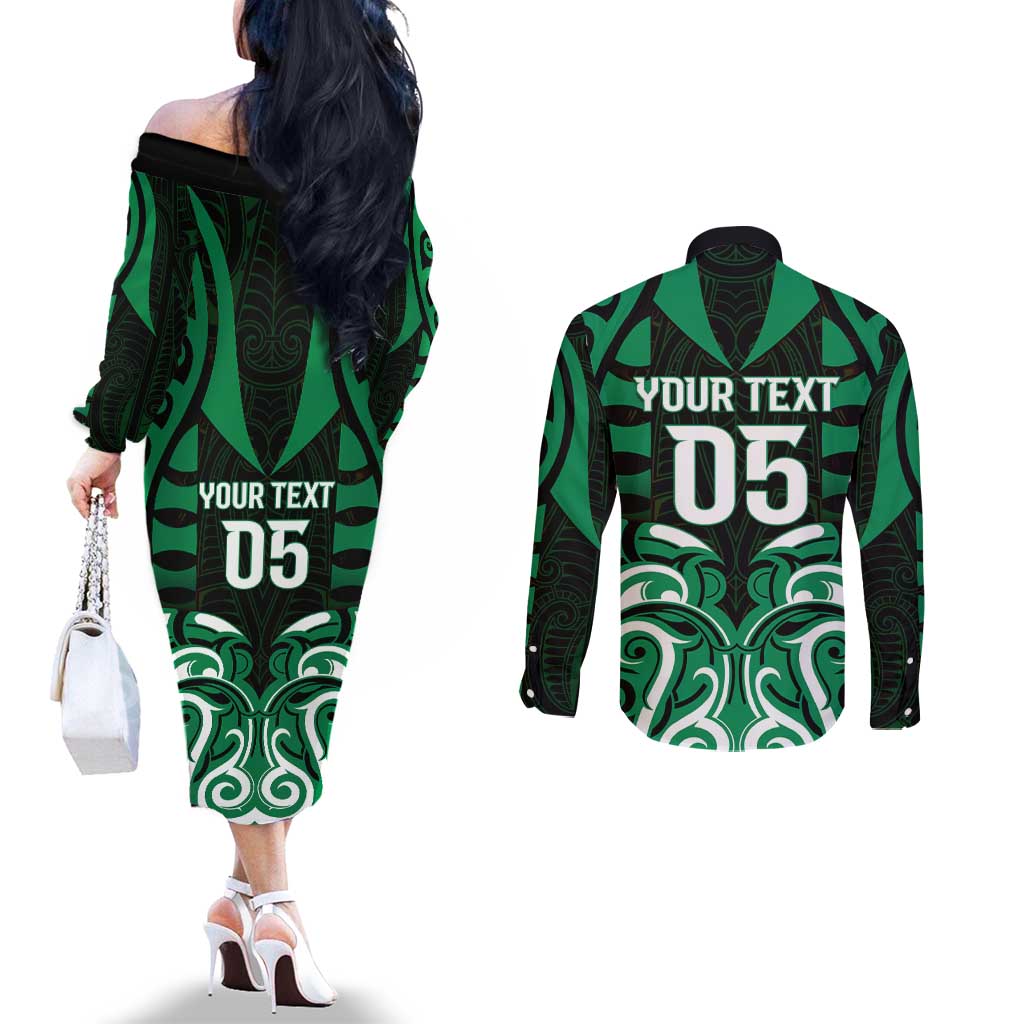 Custom Aotearoa Ngai Tahu Couples Matching Off The Shoulder Long Sleeve Dress and Long Sleeve Button Shirt Maori Pattern New Zealand DT05 - Polynesian Pride