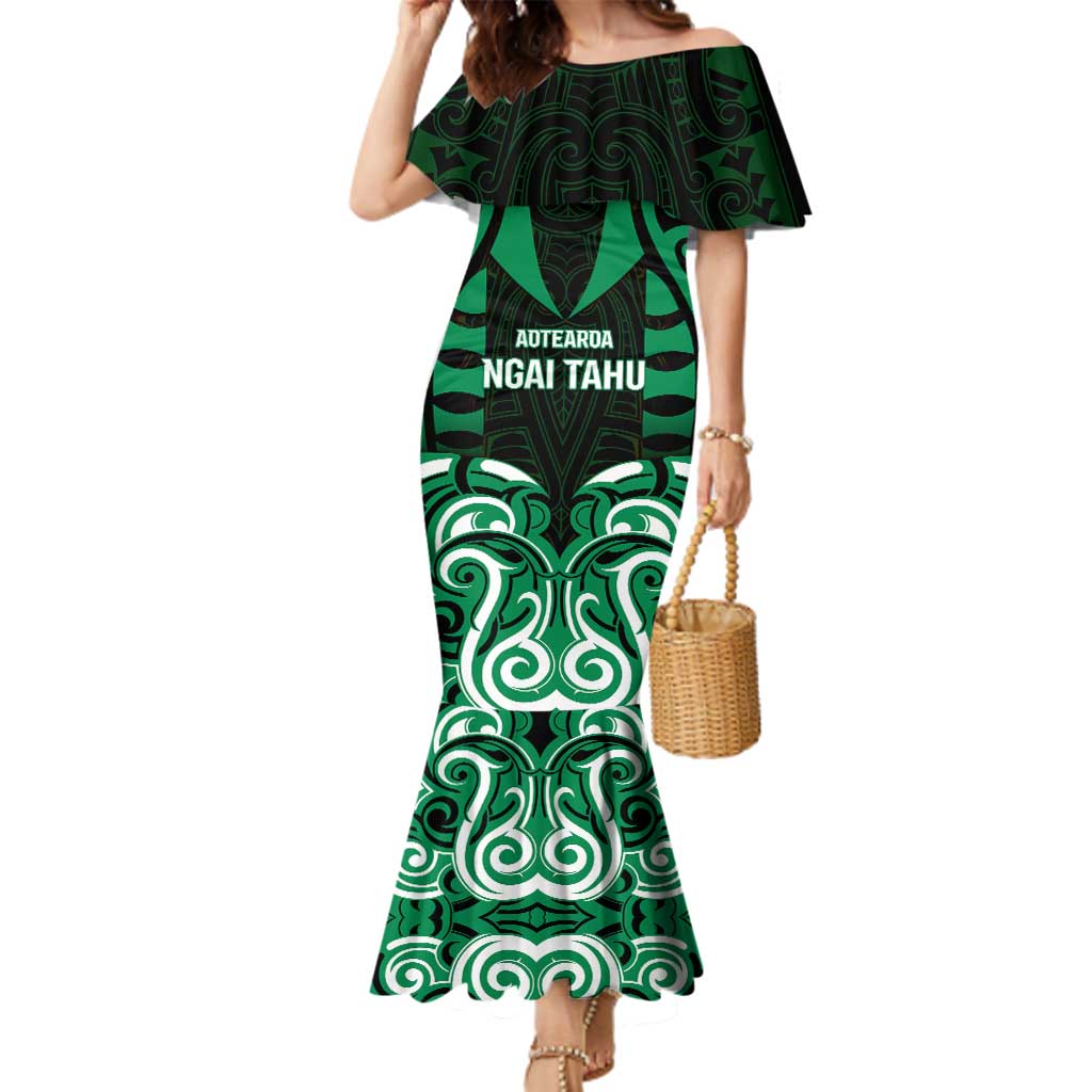 Custom Aotearoa Ngai Tahu Family Matching Mermaid Dress and Hawaiian Shirt Maori Pattern New Zealand DT05 Mom's Dress Green - Polynesian Pride
