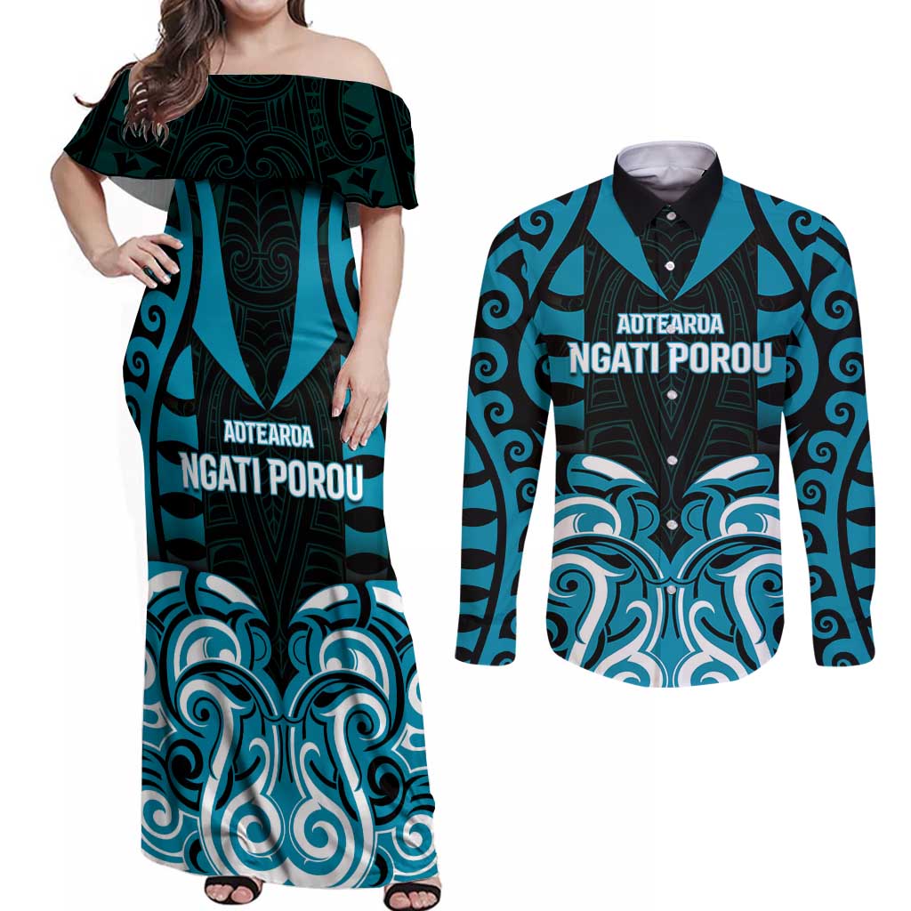 Custom Aotearoa Ngati Porou Couples Matching Off Shoulder Maxi Dress and Long Sleeve Button Shirt Maori Pattern New Zealand DT05 Blue - Polynesian Pride