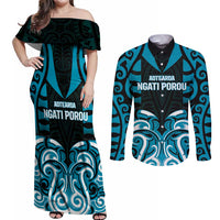 Custom Aotearoa Ngati Porou Couples Matching Off Shoulder Maxi Dress and Long Sleeve Button Shirt Maori Pattern New Zealand DT05 Blue - Polynesian Pride