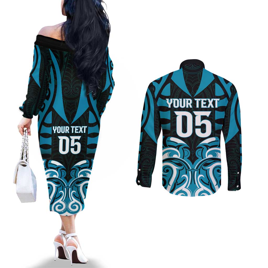 Custom Aotearoa Ngati Porou Couples Matching Off The Shoulder Long Sleeve Dress and Long Sleeve Button Shirt Maori Pattern New Zealand - Polynesian Pride