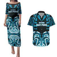Custom Aotearoa Ngati Porou Couples Matching Puletasi and Hawaiian Shirt Maori Pattern New Zealand DT05 Blue - Polynesian Pride