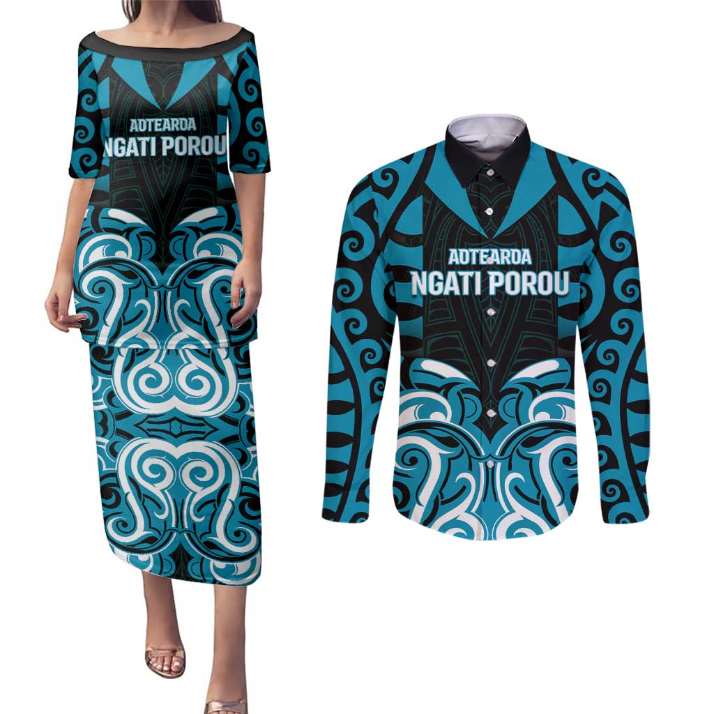 Custom Aotearoa Ngati Porou Couples Matching Puletasi and Long Sleeve Button Shirt Maori Pattern New Zealand DT05 Blue - Polynesian Pride
