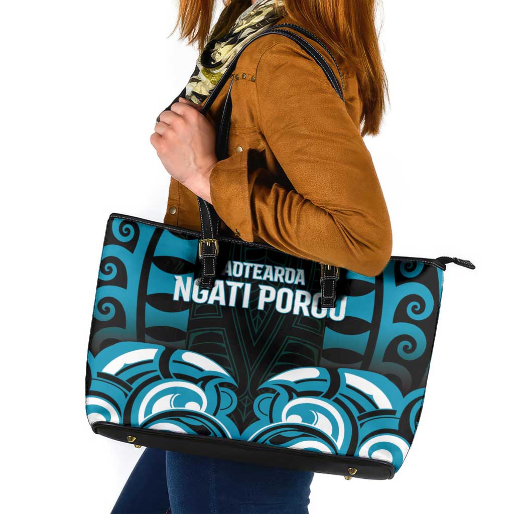 Aotearoa Ngati Porou Leather Tote Bag Maori Pattern New Zealand DT05 Blue - Polynesian Pride