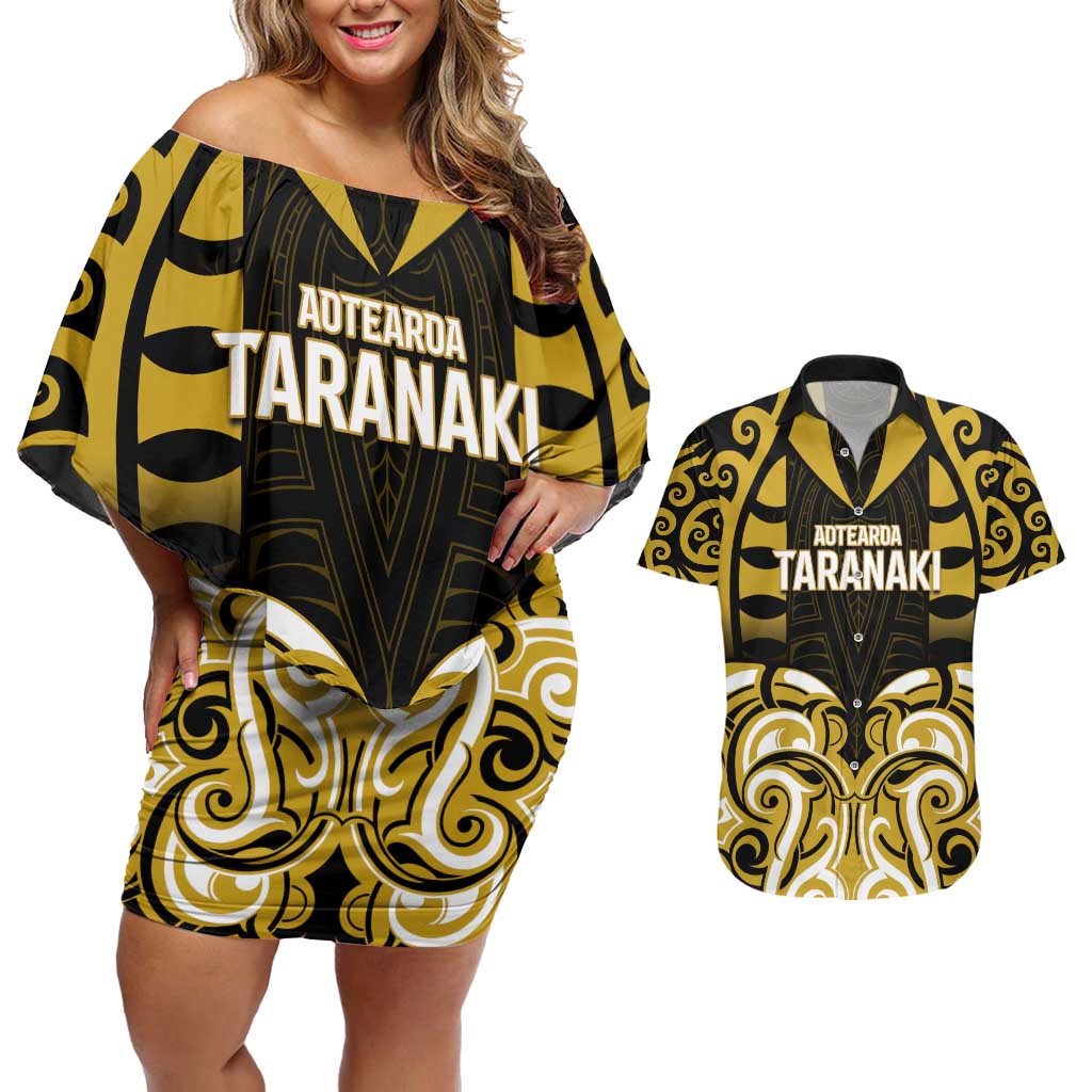 Custom Aotearoa Taranaki Couples Matching Off Shoulder Short Dress and Hawaiian Shirt Maori Pattern New Zealand - Polynesian Pride