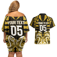 Custom Aotearoa Taranaki Couples Matching Off Shoulder Short Dress and Hawaiian Shirt Maori Pattern New Zealand - Polynesian Pride
