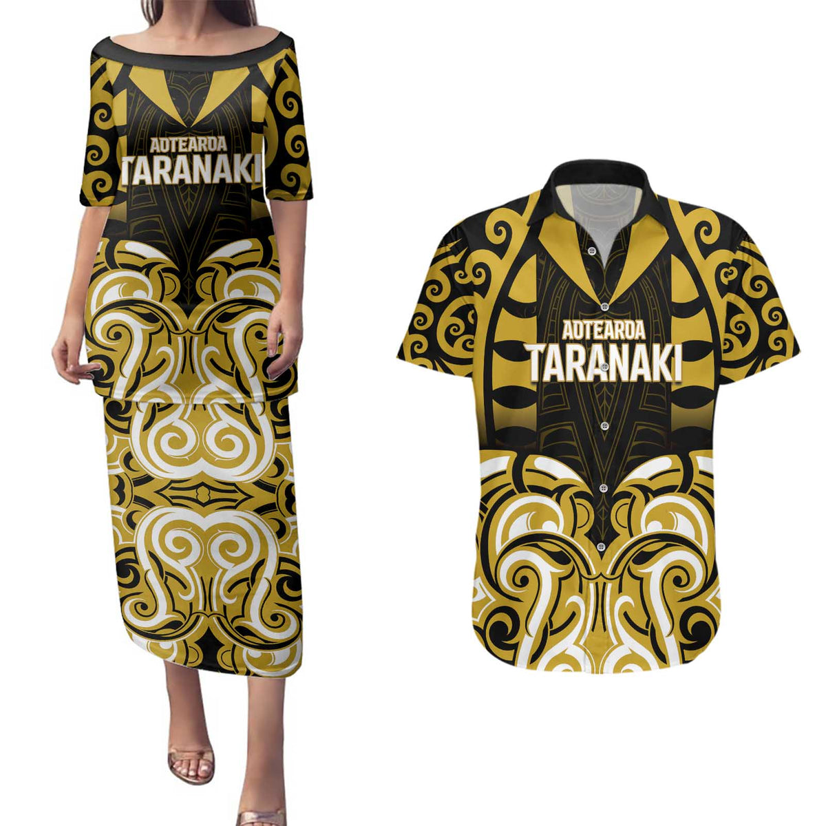 Custom Aotearoa Taranaki Couples Matching Puletasi and Hawaiian Shirt Maori Pattern New Zealand - Polynesian Pride