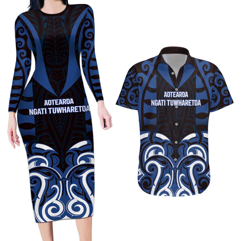 Custom Aotearoa Ngati Tuwharetoa Couples Matching Long Sleeve Bodycon Dress and Hawaiian Shirt Maori Pattern New Zealand - Polynesian Pride