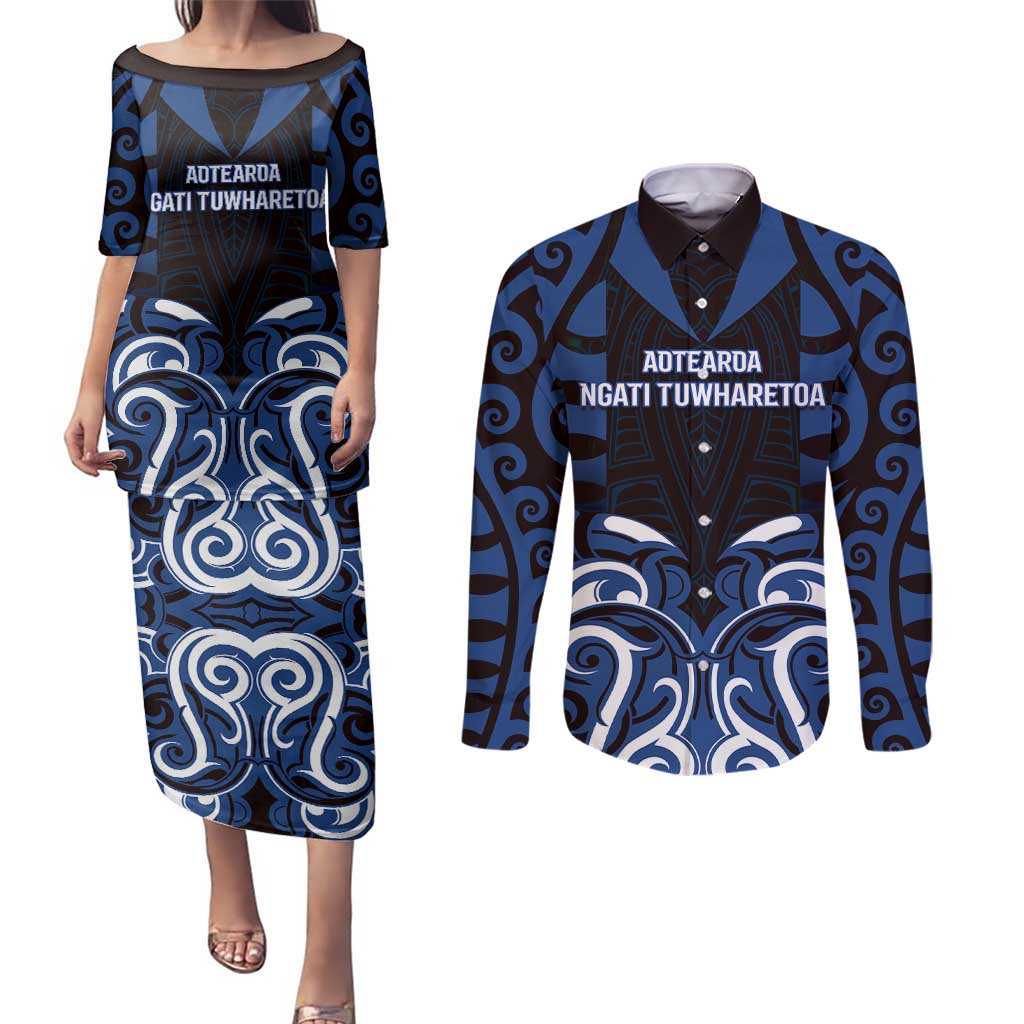 Custom Aotearoa Ngati Tuwharetoa Couples Matching Puletasi and Long Sleeve Button Shirt Maori Pattern New Zealand - Polynesian Pride