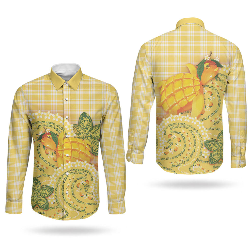 Hawaii Palaka Couples Matching Mermaid Dress and Long Sleeve Button Shirt Cute Ripe Mango Turtle On The Waves