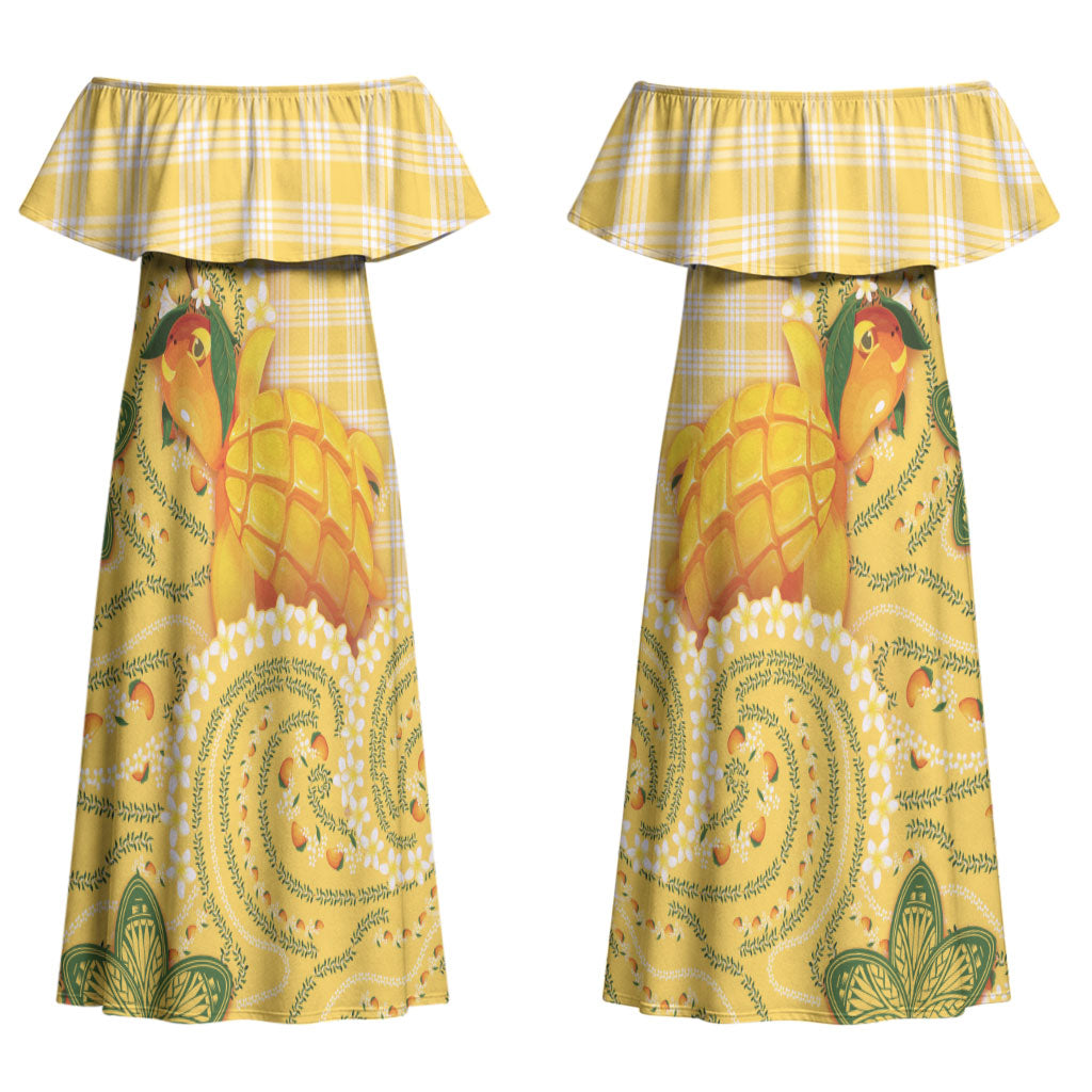 Hawaii Palaka Couples Matching Off Shoulder Maxi Dress and Hawaiian Shirt Cute Ripe Mango Turtle On The Waves