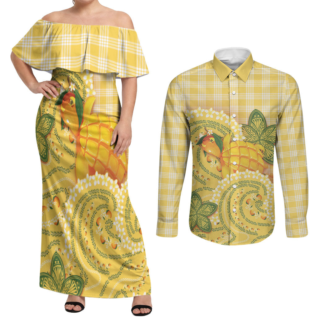 Hawaii Palaka Couples Matching Off Shoulder Maxi Dress and Long Sleeve Button Shirt Cute Ripe Mango Turtle On The Waves