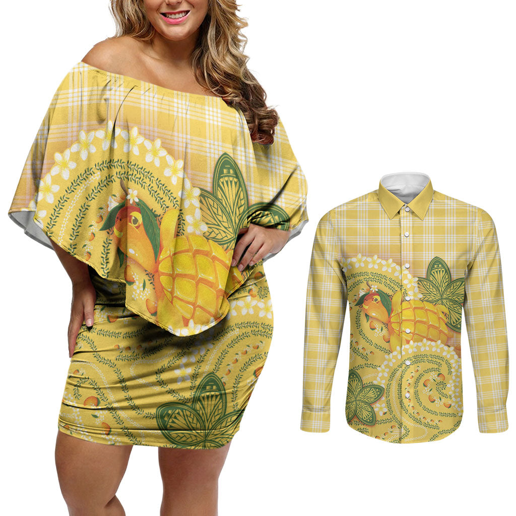 Hawaii Palaka Couples Matching Off Shoulder Short Dress and Long Sleeve Button Shirt Cute Ripe Mango Turtle On The Waves