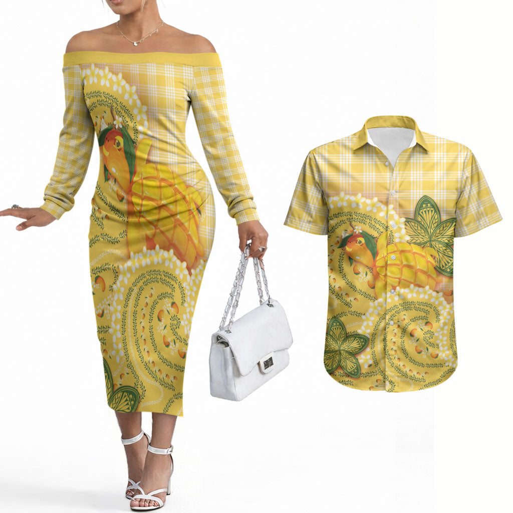 Hawaii Palaka Couples Matching Off The Shoulder Long Sleeve Dress and Hawaiian Shirt Cute Ripe Mango Turtle On The Waves