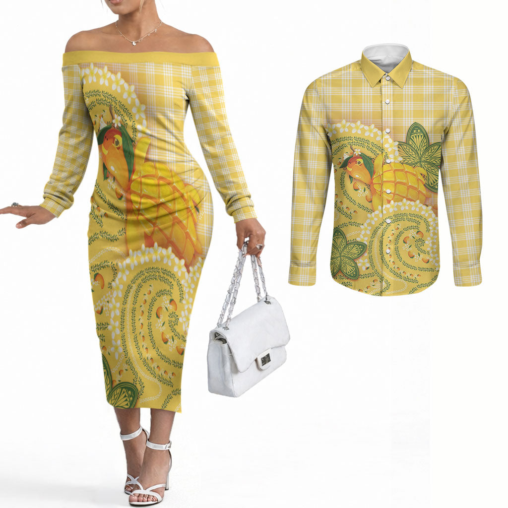 Hawaii Palaka Couples Matching Off The Shoulder Long Sleeve Dress and Long Sleeve Button Shirt Cute Ripe Mango Turtle On The Waves