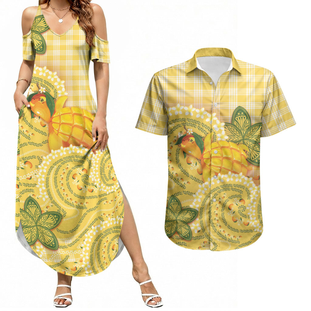 Hawaii Palaka Couples Matching Summer Maxi Dress and Hawaiian Shirt Cute Ripe Mango Turtle On The Waves