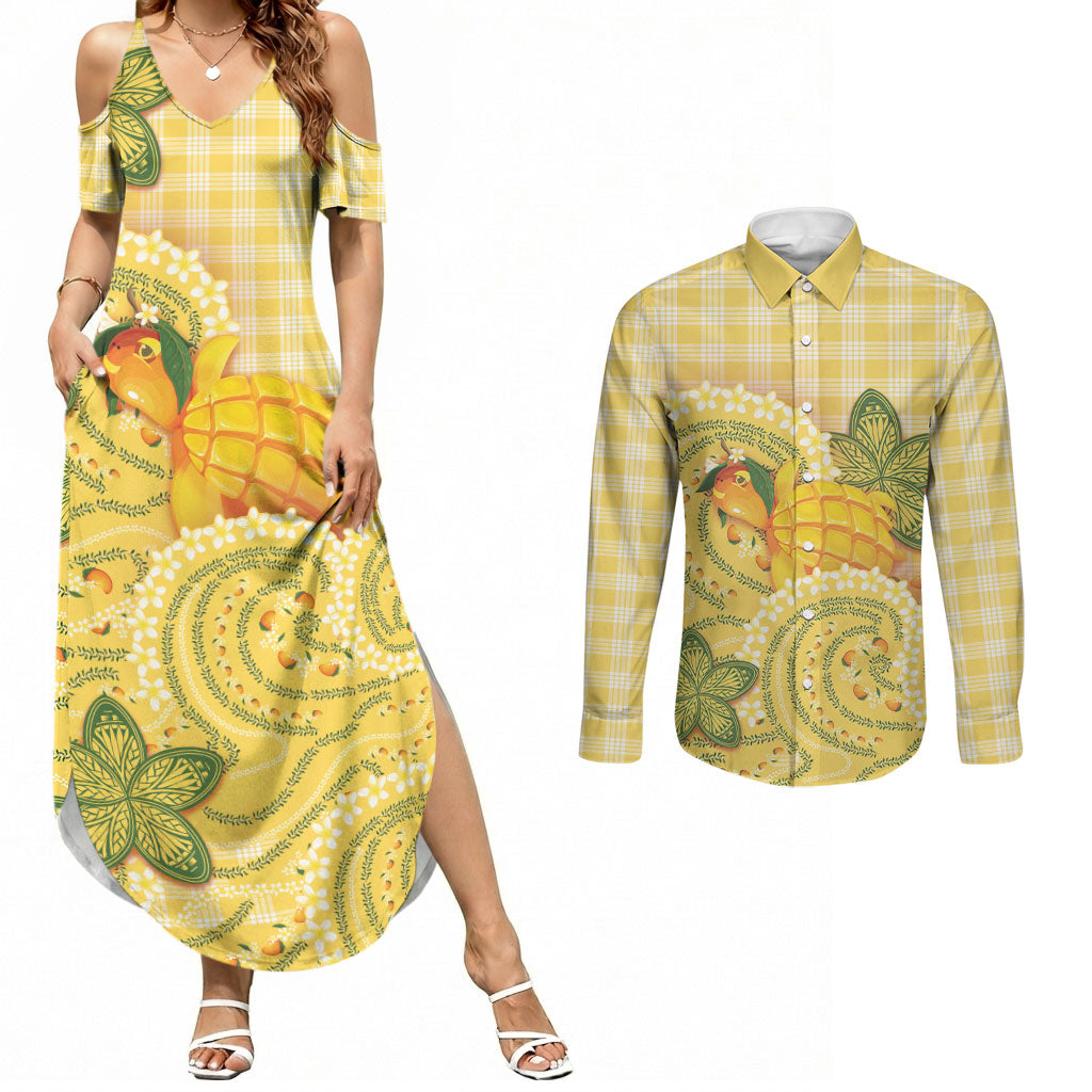 Hawaii Palaka Couples Matching Summer Maxi Dress and Long Sleeve Button Shirt Cute Ripe Mango Turtle On The Waves