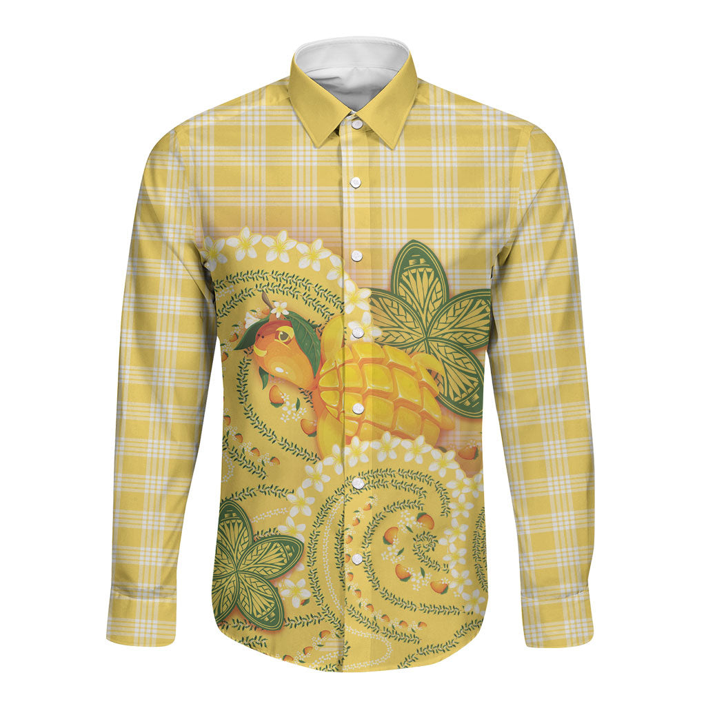 Hawaii Palaka Long Sleeve Button Shirt Cute Ripe Mango Turtle On The Waves