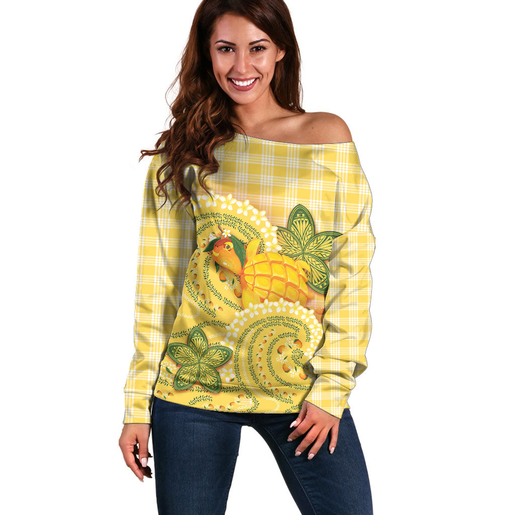 Hawaii Palaka Off Shoulder Sweater Cute Ripe Mango Turtle On The Waves