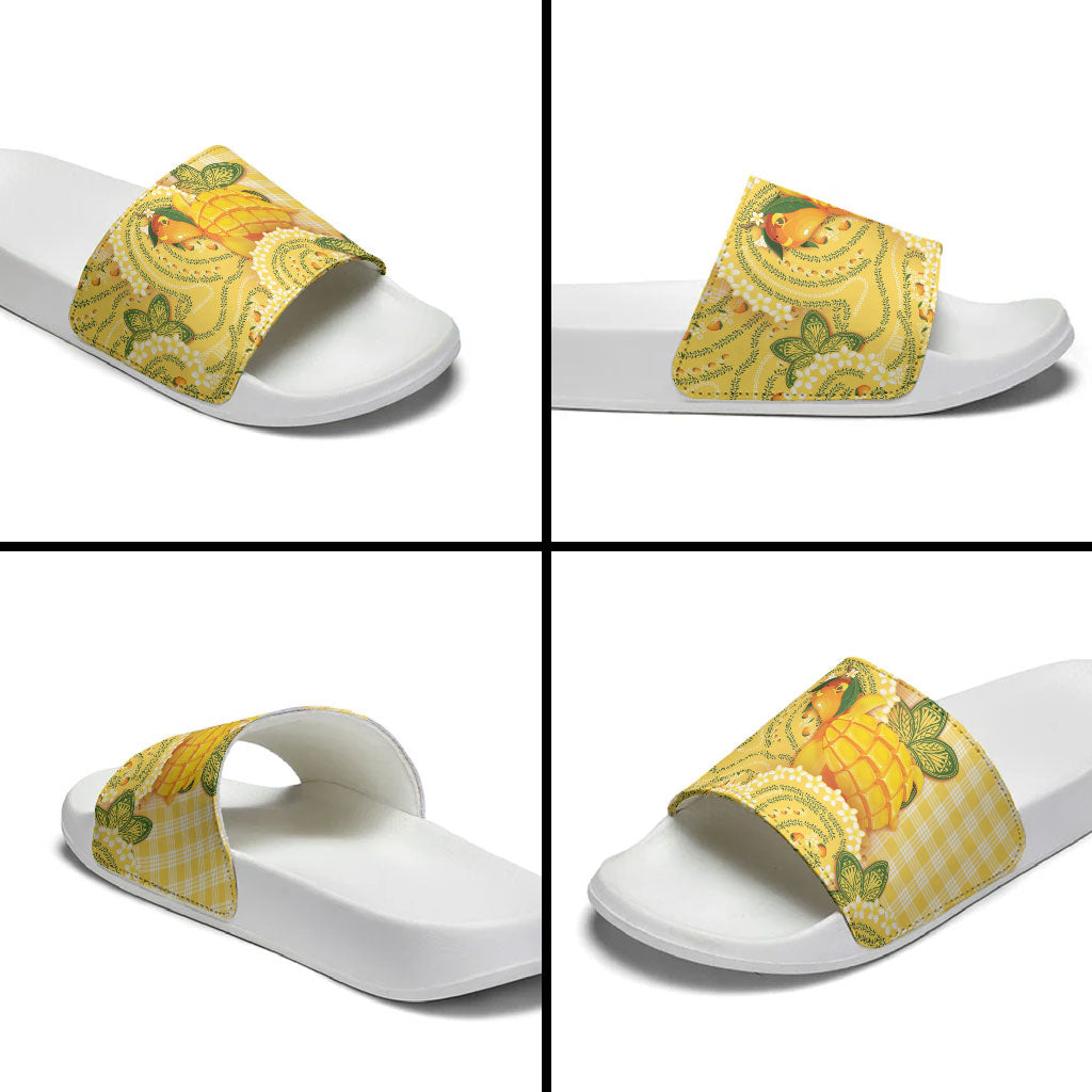 Hawaii Palaka Slide Sandals Cute Ripe Mango Turtle On The Waves