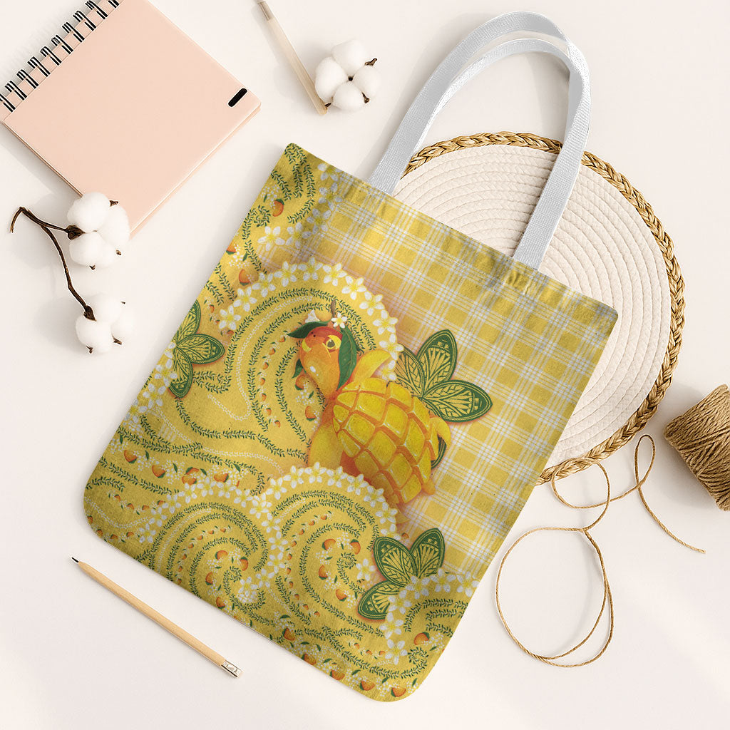 Hawaii Palaka Tote Bag Cute Ripe Mango Turtle On The Waves
