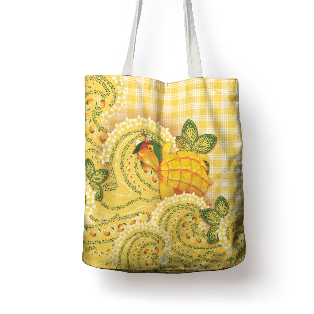 Hawaii Palaka Tote Bag Cute Ripe Mango Turtle On The Waves