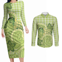 Hawaii Palaka Couples Matching Long Sleeve Bodycon Dress and Long Sleeve Button Shirt Cute Green Mango Turtle On The Waves