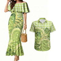 Hawaii Palaka Couples Matching Mermaid Dress and Hawaiian Shirt Cute Green Mango Turtle On The Waves
