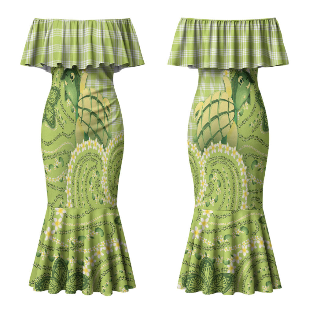 Hawaii Palaka Couples Matching Mermaid Dress and Hawaiian Shirt Cute Green Mango Turtle On The Waves